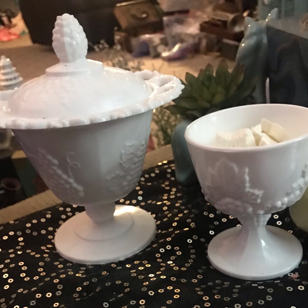Open lace milk glass vintage candy dish with lid. Vintage milk glass dessert cup